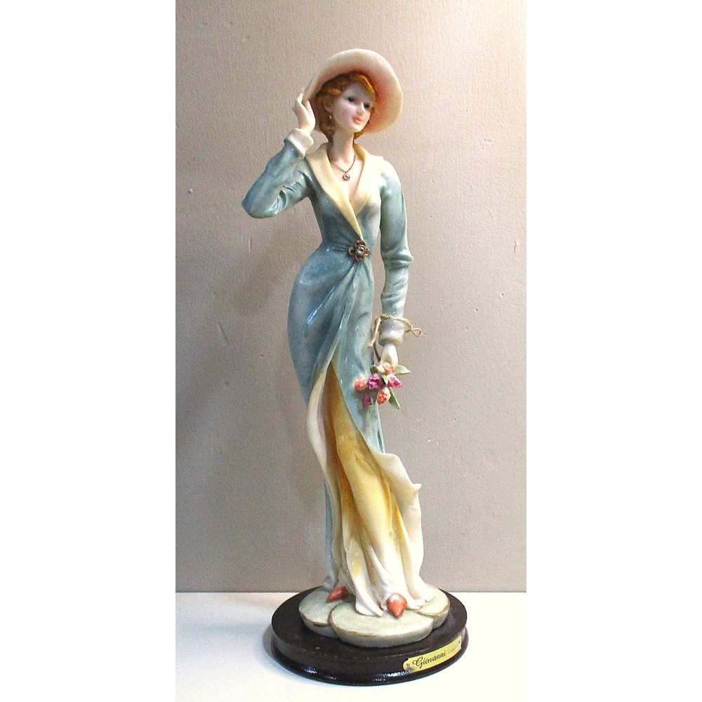 Giovanni Collection Lady Figurine Blue Dress Pink Hat Flowers Statue 17 inch